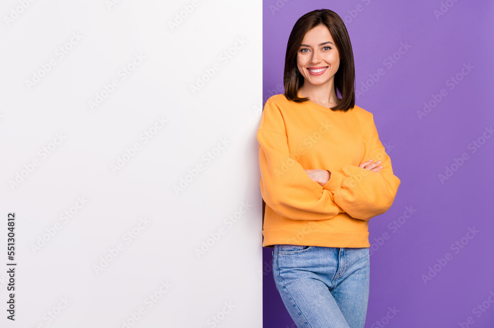 Wall mural photo of pretty cute lady stylish orange sweater stand big poster empty space recommend beauty salon