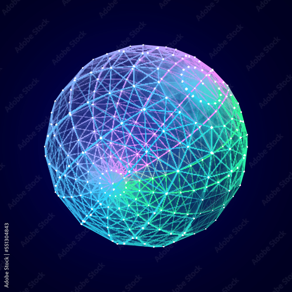 Poster technology grid sphere. blue sphere consisting of points and lines. modern wireframe elements. vecto