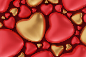 Valentine gold red heart shape background, 3d rendering