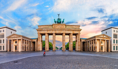 Fototapeta na wymiar Brandenburg Gate or Brandenburger Tor at sunset, panoramic view, Berlin, Germany
