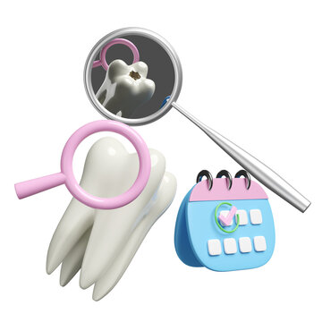 3d calendar with dental molar teeth model, checkmark icon, marked date, dentist mirror isolated. health of white teeth, dental examination of the dentist, 3d render illustration