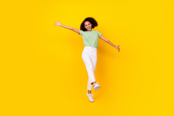 Fototapeta na wymiar Full body size photo of young attractive cute positive good mood nice hug friendly greetings isolated on yellow color background