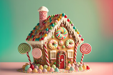 Gingerbread House on a Light Green Background with Icing, Gumdrops, Lollipops, Peppermints, Sprinkles, Candy, Candycane - Powered by Adobe