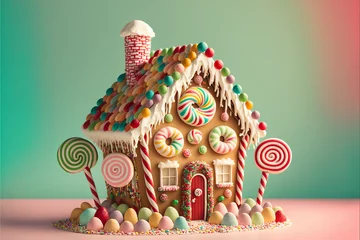Tuinposter Gingerbread House on a Light Green Background with Icing, Gumdrops, Lollipops, Peppermints, Sprinkles, Candy, Candycane © Nicole