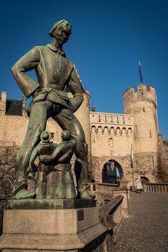 Medieival fortress Het Steen in Antwerp translates as The Rock is the oldest building in the city with statue of folklore Lange Wapper 