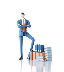 Successful businessman stays next to folders and documents files. 3D rendering illustration