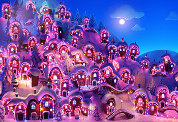 Cartoon fairy village with snow at night 3D rendering illustration. Houses decorated with lights, New year and Christmas concept idea.