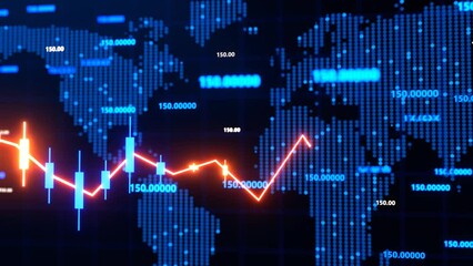 Neon Business background, financial, stock market  diagram is running  and digits are shown at the world map background. Economy, finance Concept, 3D rendering illustration - Powered by Adobe