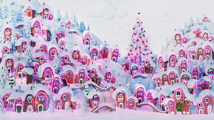 Fototapeta premium Fantasy village at winter. Cartoon Christmas scene.