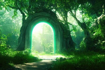 Raster illustration of tunnel in the forest of trees with shining light at the end. Passage through the dense forest, natural wonders, wild, portal to another world, courtship of nature. AI
