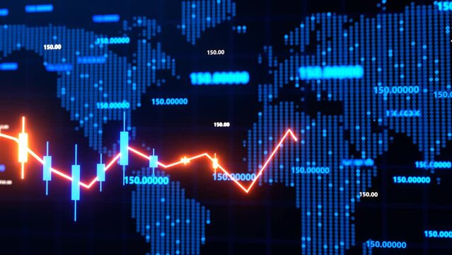 Neon Business background, financial, stock market  diagram is running  and digits are shown at the world map background. Economy, finance Concept, 3D rendering illustration