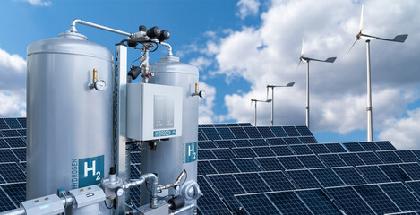 Tanks with hydrogen on the background of solar panels and wind turbines. Getting green hydrogen...
