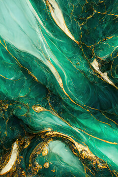 Green and gold marble background. Fluid art modern wallpaper.