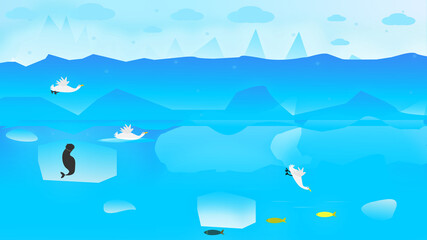 
abstract snow fall on a glacier with floating ice and birds in a icy sea shore