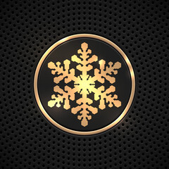 Black technology background with metal christmas snowlake, gold ring and circle grate perforated pattern for design concepts, wallpapers, web, presentations, prints. Vector illustration.