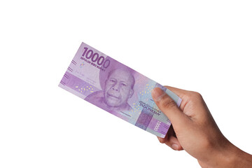 Hand holding ten thousand rupiah note isolated on white background
