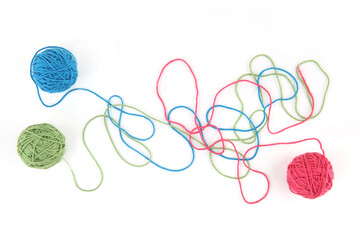 Colorful cotton thread balls isolated on white background. Set of tree color (pink, green, blue)...
