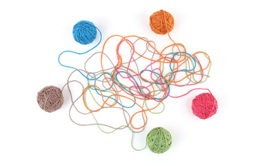 Colorful cotton thread balls isolated on white background. Set of five color (orange, pink, grey,...