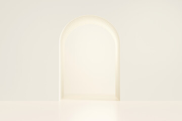 3D rendering empty white or light beige wall room with arch door. Minimal interior background for product presentation.