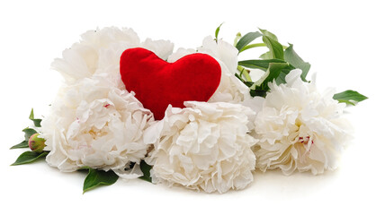 White peonies and a red heart.