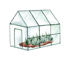 Glass greenhouse for fruits and vegetables. Watercolor hand drawing isolated on white background. Agriculture