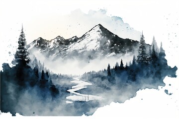 Watercolor illustration of mountain landscape with snow, Merry Christmas and Happy New Year greeting background with copy-space