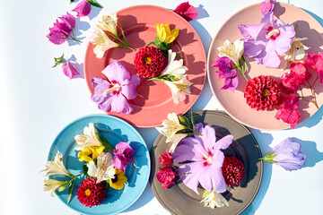 Four colorful plates with flowers