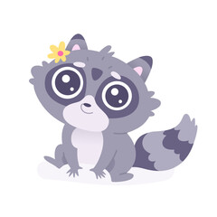 Cute raccoon big eyes, adorable baby girl racoon character with forest flower decoration