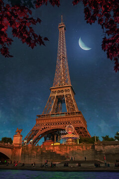 Paris night oil painting with Eiffel tower. Collection of designer oil paintings. Decoration for the interior. Modern abstract canvas art. Set of pictures. autumn. vintage.