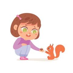 Girl feeding cute squirrel, adorable kid holding nut to feed forest little fluffy animal