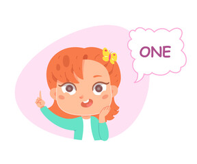 Kid counting to one vector illustration. Cartoon isolated cute preschool girl inside pink figure showing 1 finger gesture to count and study numbers, arithmetic and basic math in kindergarten