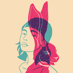 A stylized portrait of a girl with rabbit. Perfect for logo, poster, avatar, t-shirt design.  Colorful cute screen printing effect. Riso print effect. 