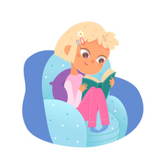 Cute kid read book vector illustration. Cartoon girl study sitting on chair, portrait of funny reading smart child holding open paper book. Education, hobby concept