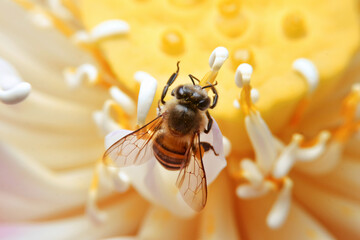 close-up bee pollinating lotus flowers