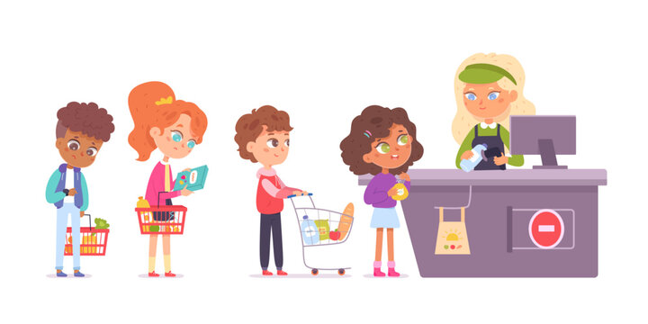 Customers kids in queue vector illustration. Children buyers in grocery store at cash desk with cashier characters. Consumers boys and girls in supermarket buying goods. Market shopping.