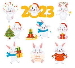 Fototapeta na wymiar Christmas and New Year set of cute rabbits. Numbers 2023 year with mascot bunny. Santa hat, fir tree, confetti, gifts. Vector clipart on white background