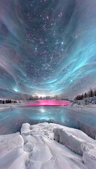 Digital illustration of a beautiful Christmas winter landscape on the lake, pink and blue northern lights on the sky reflecting in the water, digital art