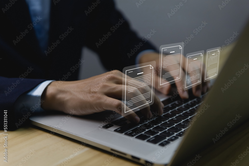 Poster business people use computers to manage electronic documents the concept of efficient access to an o