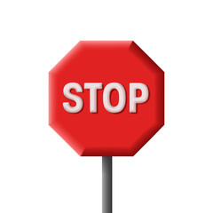 Stop traffic street sign, red octagon with white letters, 3d