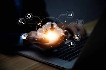 Businessman's hands showing a diagram of Cloud computing information technology icon. Big data.	