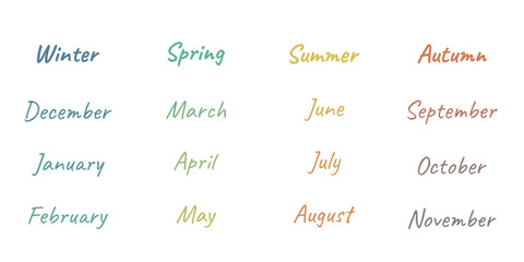 Handwritten names of months December, January, February, March, April, May, June, July, August, September, October, November. Calligraphy words for calendars and organisers in different colors