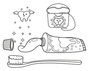 Coloring set toothpaste, toothbrush floss and magic tooth