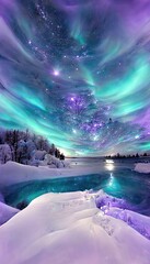 Beautiful Christmas winter landscape on the lake, purple and icy blue northern lights on the sky reflecting in the water, digital art