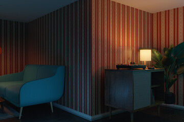 3D rendering of cozy living room in retro style at night