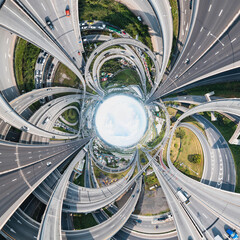 360 Wide Panoramic image of Multilevel junction motorway top view, Road traffic an important infrastructure in Thailand.Expressway Road and Roundabout.Transportation and travel 
