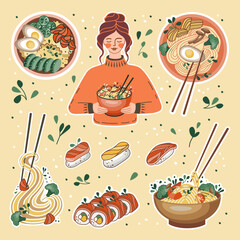 Asian food stickers. Girl with rice bowl. Udon or ramen soup, noodles, sushi, and bowl. Suitable for restaurant banners, logos, and fast food advertisements. Seafood.