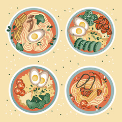 Asian food stickers. Udon or ramen soup. Chinese noodles. Suitable for restaurant banners, logos, and fast food advertisements.