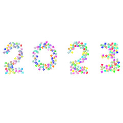 Multi-colored dots that add up to the numbers for the year 2023.