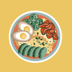 Asian food sticker. Bowl with rice, eggs, salmon, avocado, and cucumbers. Suitable for restaurant banners, logos, and fast food advertisements.