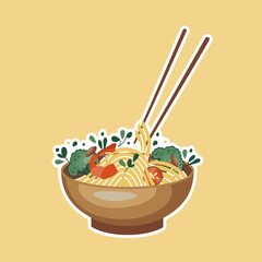 Asian food sticker. Noodles with shrimp, broccoli, mushrooms, and hot pepper. Suitable for restaurant banners, logos, and fast food advertisements. Korean or Chinese food.